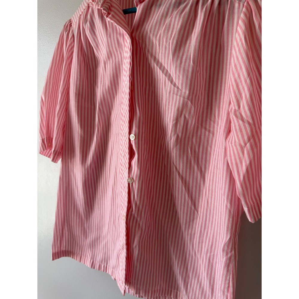 Vintage Honors Pink White Striped Ruffle Neck Puff Sleeve Blouse Top Size 11/12 - Picture 2 of 7